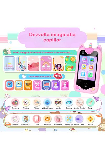 Smart Vibe Telefon Mobil si Jucarie Educativa NO Internet/Apeluri MiniPHONE® PRO Doua Camere Foto/Video, Pink