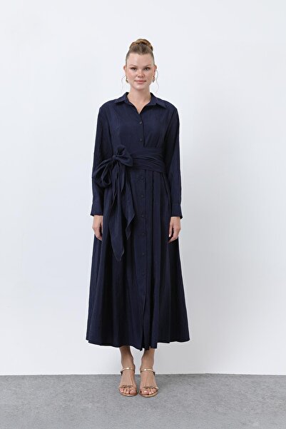 Loreen Γυναικείο φόρεμα λινό με γιακά πουκάμισο με ζώνη διπλό πέτο -20661ELB - Navy Blue