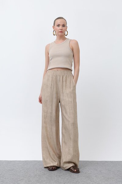 Puane Women's Elastic Waist Loose Trousers - 18238Pnt - Beige