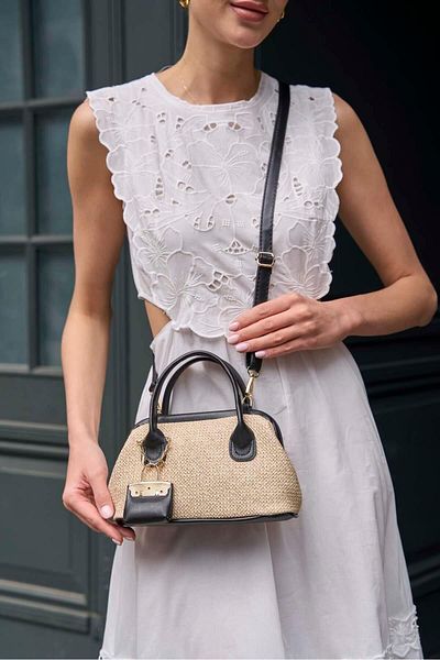 Madamra Black Women's Straw Textured Mini Handbag