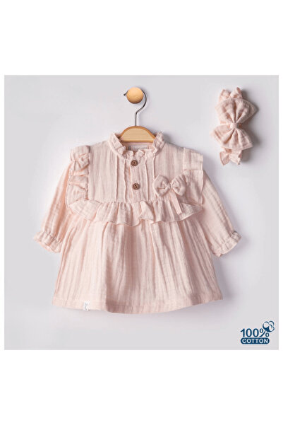 Evokids Kız Bebek Kurdeleli Pembe Müslin Elbise