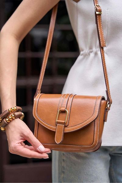 Madamra Tan Women's Buckle Leather Look Mini Hand and Shoulder Bag