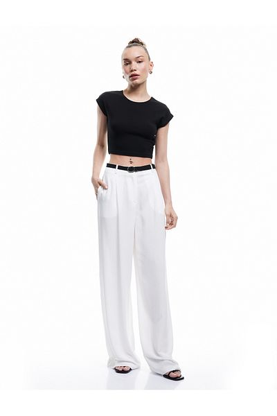 Koton Wide Leg Viscose Trousers with Belt Detail and Pockets
