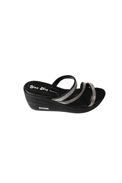 Yaz Kış Ayakkabı Yazkiş Women's Black Cross Stone 6cm Wedge Heel Sandals