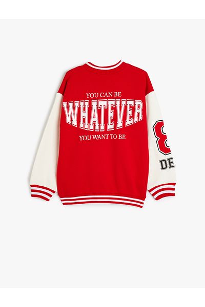 Koton Embroidery Detailed Round Neck Long Sleeve Snap Closure Hooded Bomber College Jacket