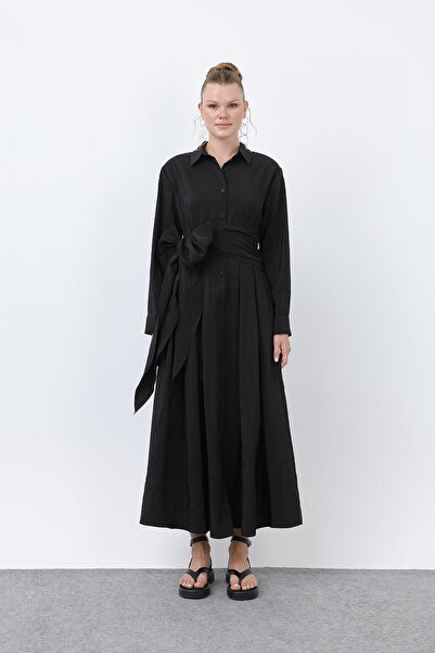 Loreen Γυναικείο φόρεμα λινό με γιακά πουκάμισο με ζώνη διπλό πέτο -20661ELB - Μαύρο