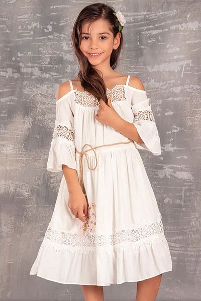 Minigimin Cicileri My Little Girl's Lace and Shoulder Detail Bohemian Dress - Ecru