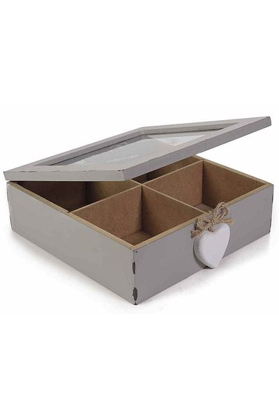 Decorer Wooden gray vintage tea box with 4 compartments 19 cm x 18 cm x 6 cm