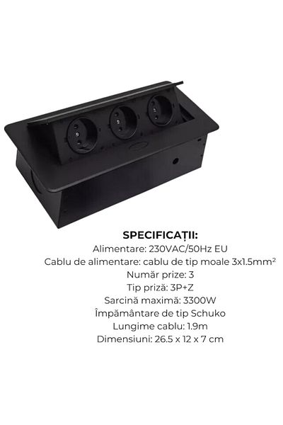 varioshop VarioShop® Furniture Socket, 3 Schuko Sockets, 1.9 m Power Cable, Recessed, Ne