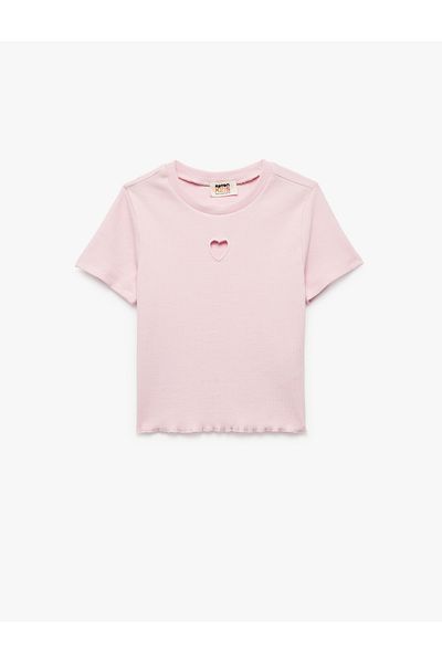 Koton Cotton Heart Detail Short Sleeve Crew Neck Basic Crop T-Shirt