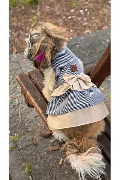 For a Fur Dog Dress Outfit Beige Navy Blue Striped Poplin Fabric Cat Dress