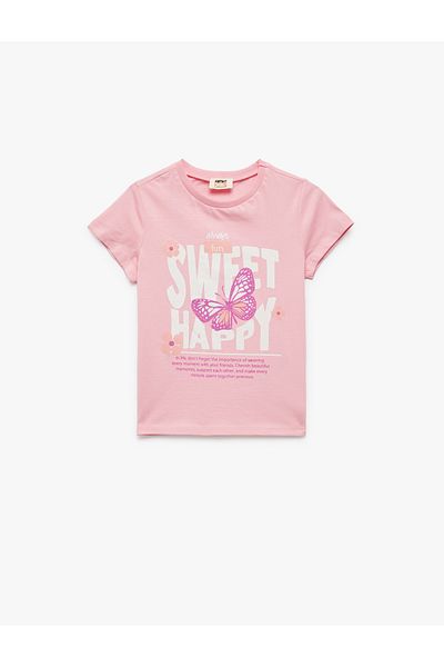 Koton Butterfly Printed Crew Neck Cotton Short Sleeve T-Shirt