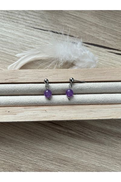 Pel Design Amethyst Stone Silver Color Steel Ball Earrings Handmade