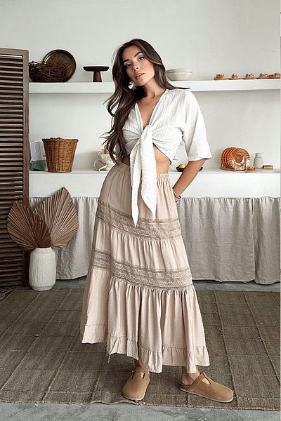 VAGGON Lace-Up Elastic Waist Midi Length Woven Skirt