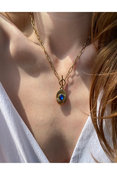 Hora Night Blue Premiun Tasarım Gold Çelik Kolye