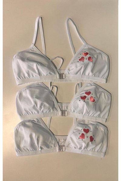 LİRONA Pack of 3 a Quality Girl's Stoned Cotton Training Bra with Lycra Padless Rubber Strap