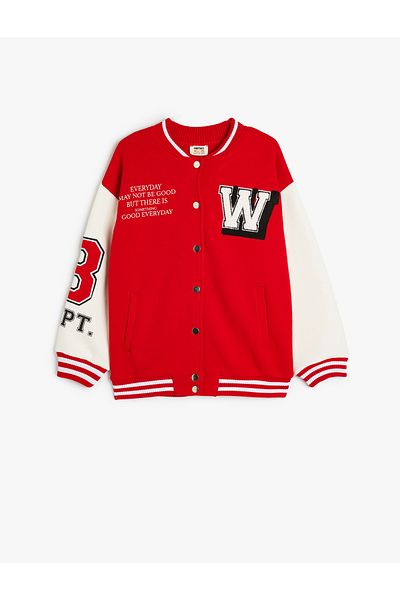 Koton Embroidery Detailed Round Neck Long Sleeve Snap Closure Hooded Bomber College Jacket
