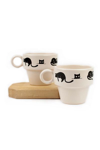 PALTO TASARIM Black Cat Set of 2 Espresso Cups - Gift Ceramic Cup