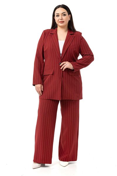 DISENTIS MODEST Plus Size Striped Burgundy Jacket Trousers Double Suit