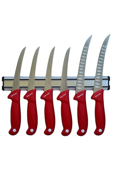 Globalport Retail Set măcelar: 4 cuțite dezosat, 2 filetat cu alveole, mâner ABS roșu + suport magnetic inox