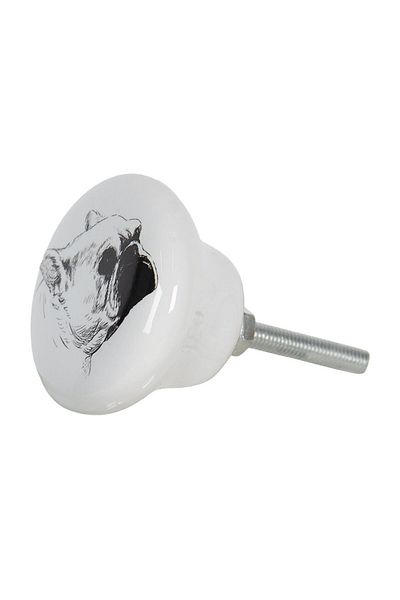 Clayre & Eef Buton mobilă din fier și ceramică albă neagră Dog 4x2 cm