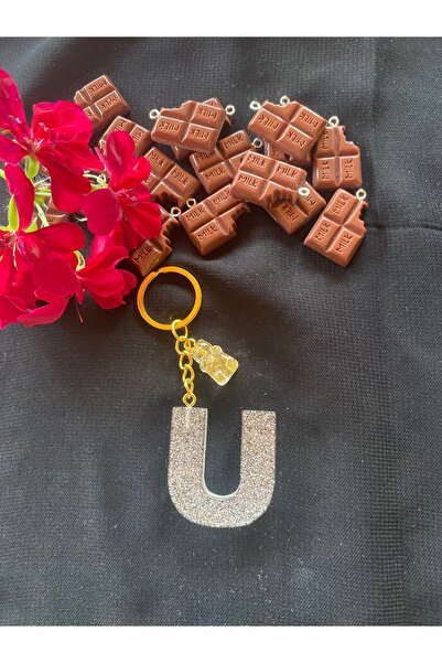 Bellinzona Silver Glitter Teddy Bear Detailed U Letter Keychain and Bag Charm