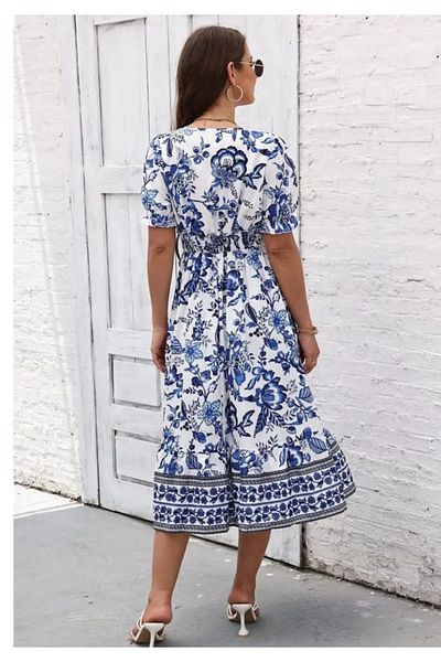 Little Visqon Short Sleeve Skirt Flounced Floral Print Lycra Satin Midi Length Dress