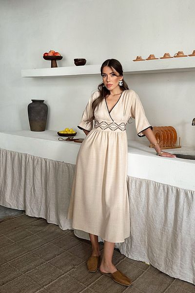 VAGGON Women's Beige Double Breasted Collar Embroidery Embroidered Midi Length Linen Dress Vs00180