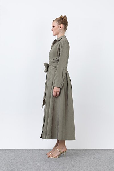 Loreen Women's Double Breasted Belted Shirt Collar Linen Dress-20661Elb - Khaki