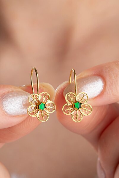 Bayar Gold 14 Ayar Altın Yeşil Taşlı Papatya Küpe