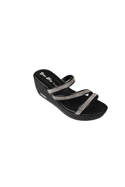 Yaz Kış Ayakkabı Yazkiş Women's Black Cross Stone 6cm Wedge Heel Sandals