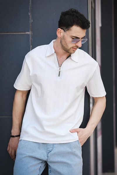 Oksit Lond Polo Collar Jacquard Fabric Half Zipper Men's Tshirt