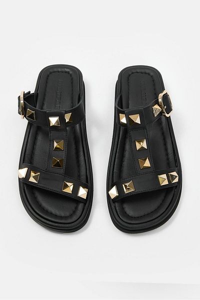 NILUFARR Vallen Black Genuine Leather Women's Slippers