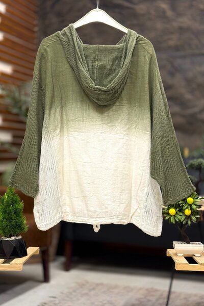 sahnemoda Batik Pattern Hooded Mesh Garnished Jacket