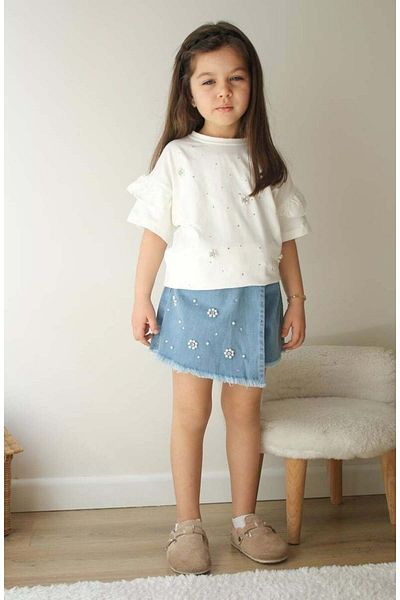 Canlook Girl's Suit with Embroidered Denim Shorts