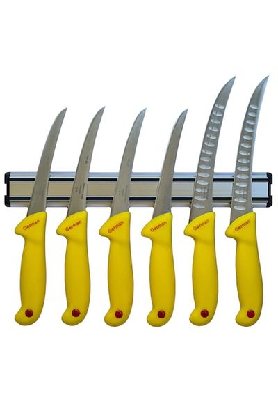 Globalport Retail Set măcelar: 4 cuțite dezosat, 2 filetat cu alveole, mâner ABS Gold + suport magnetic inox