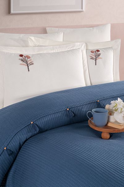 Marka Newhome Double Fringed Hand Embroidered 100% Cotton Luxury Pique Set Indigo