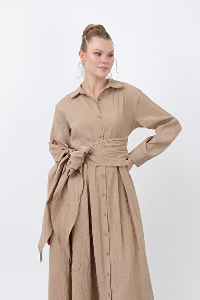 Loreen Women's Double Breasted Belted Shirt Collar Linen Dress-20661Elb - Mink