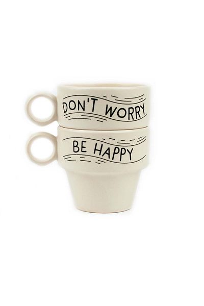 PALTO TASARIM Don'T Worry Be Happy 😄   Set of 2 Espresso Cups - Gift Ceramic Cup