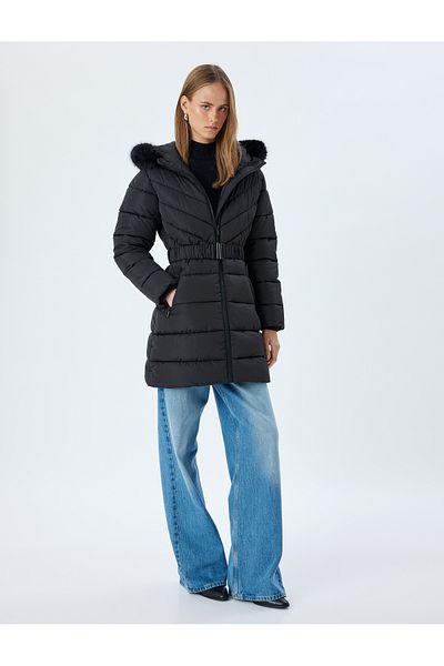 Koton Quilted Long Inflatable Coat Water Repellent Hooded Collar Plush Detailed Pocket