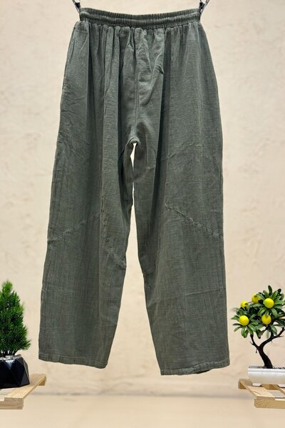 sahnemoda Tasseled Wide Leg Linen Trousers with Pocket Mesh Detail