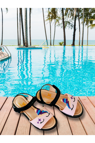 Casabony Simli Pembe Unicorn İşlemeli Kız Çocuk Sandalet