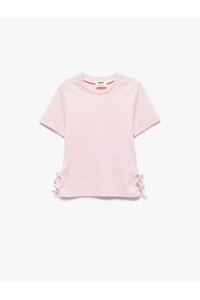 Koton Ribbed Short Sleeve Crew Neck Cotton Bow T-Shirt