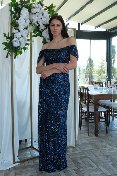 Feminist Women's Off Shoulder Sequined Slit Long Evening Dress Navy Blue 9705544
