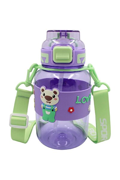 Noki Kids Lockable Lid Straw Strap Teddy Bear Water Bottle 800 ml Purple