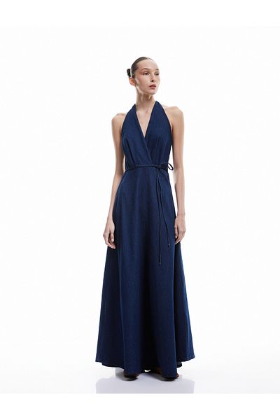 Koton Double Breasted Collar Belt Detail Backless Flounced Long Denim Dress