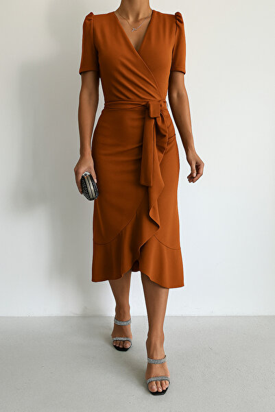 Deafox Mustard Crepe Fabric Short Sleeve Belted Midi Dress