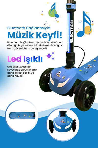 Electron Led Işıklı Hoparlörlü 3 Tekerlekli Yükseklik Ayarlı Elektrikli Scooter - 60W