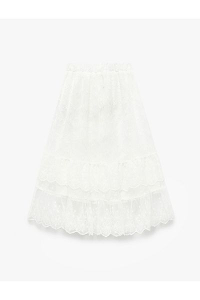 Koton Cotton Lined Midi Tulle Skirt with Elastic Waist and Fold Detail