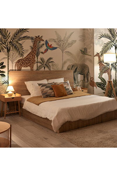 Tasarım Tropikal Ağaçlar Safari Hayvanlar Zürafa Fil Papağan Duvar Kağıdı